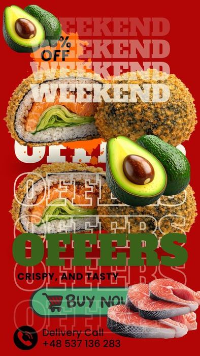Grafika reklamowa dla sushi baru — Instagram Story promocja weekend, projekt graficzny Web Design Studio Warszawa